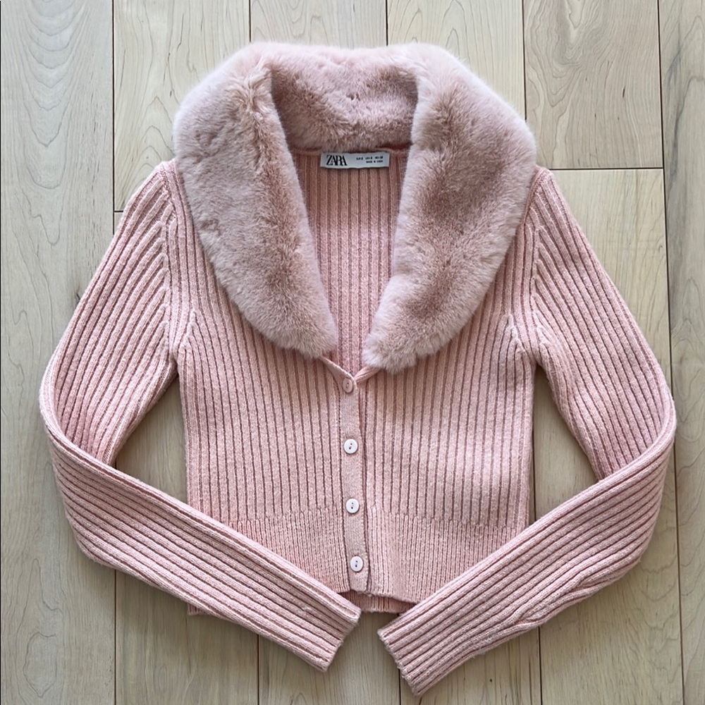 Zara Pink Ribbed Cardigan with Faux Fur Collar